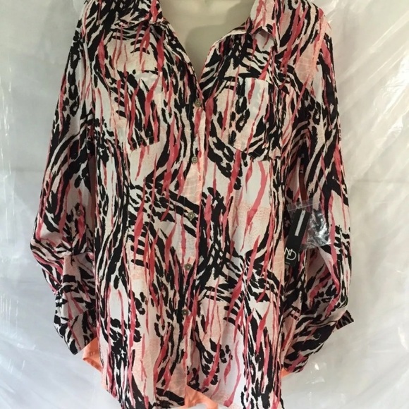 New Directions Womens Button Up Top Blouse Roll Up Sleeves Peach Paisley SZ PXL - Picture 2 of 16